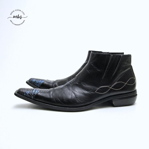 Juno Western Contrast‎ Stitch Croc Pointed Toe Side Zip Ankle Boots Black Men 9 main image 9